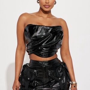 Fashion Nova Black Strapless Satin-Look Crop Top